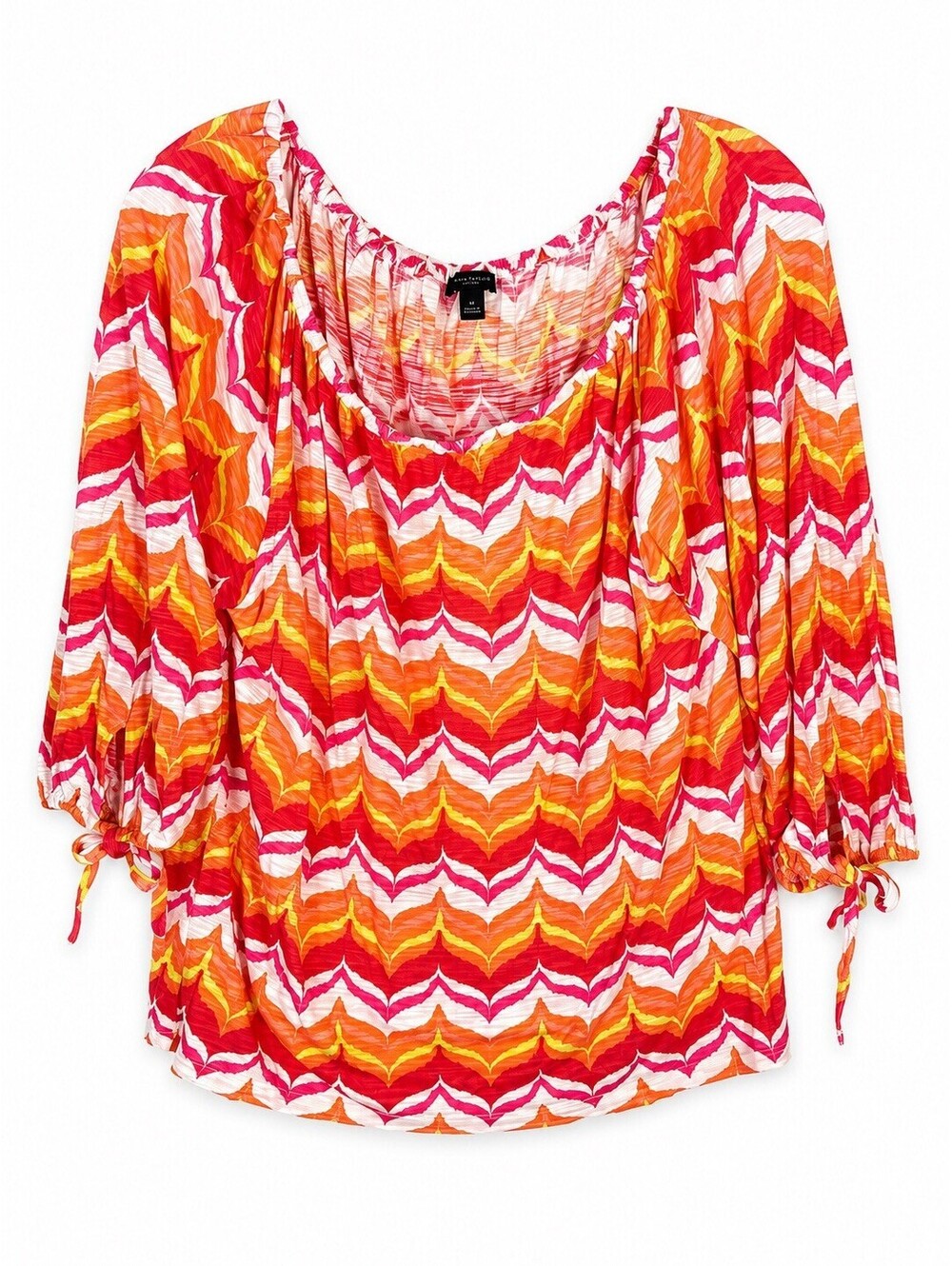 Ann Taylor Womens M Coral Pink Chevron Peasant Blouse 3/4 Sleeve Boho Top